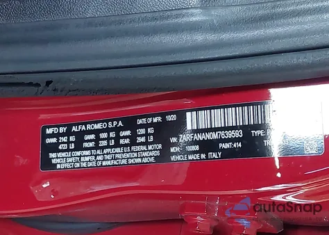 2021 Alfa Romeo Giulia Awd из США, поврежденный, VIN ZARFANAN0M7639593